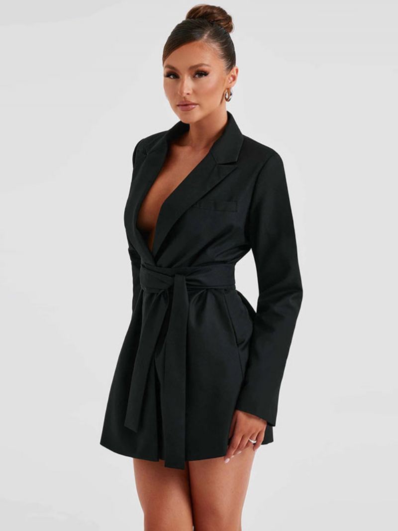 Blazer Med Beltehakk Lapel Langermet Damefrakk I Ensfarget - Sort