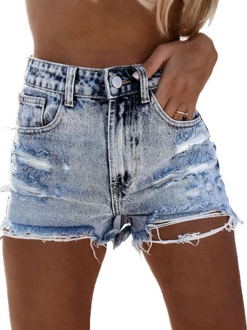 Dame Jeans Lyseblå Glidelås Flueknapper Rett Casual Cowboy Denim Shorts