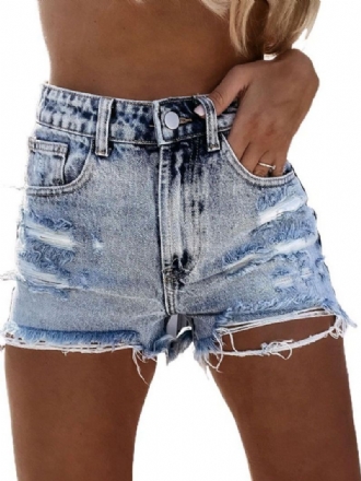 Dame Jeans Lyseblå Glidelås Flueknapper Rett Casual Cowboy Denim Shorts