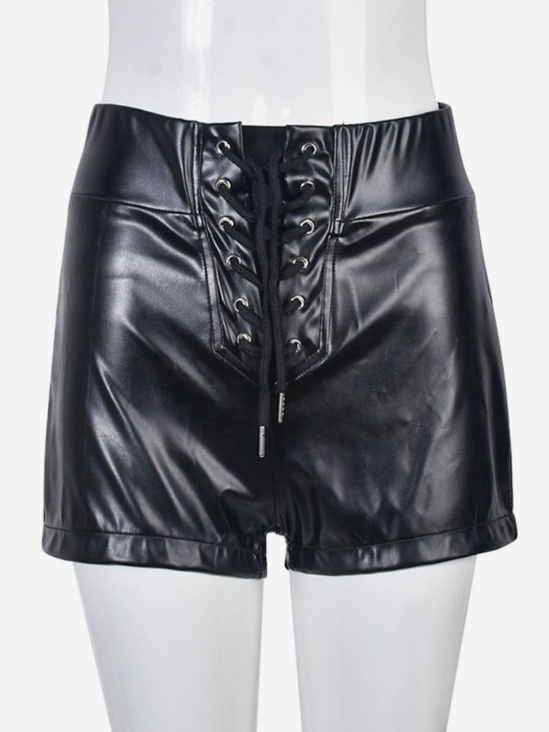 Shorts For Kvinner Sexy Grommets Pu-skinnunderdel - Svart