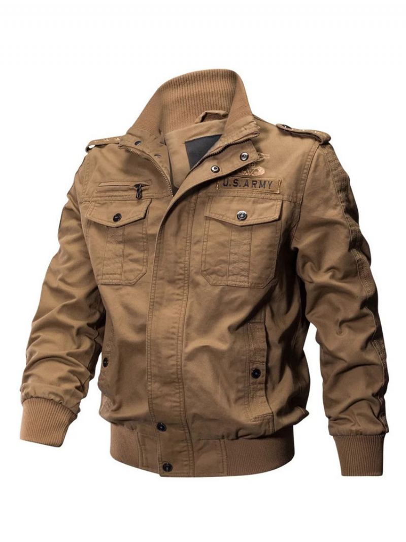 Menn Jakker Chic Khaki Portrett Neckline Langermet Glidelås Moderne Kule Vinterfrakker