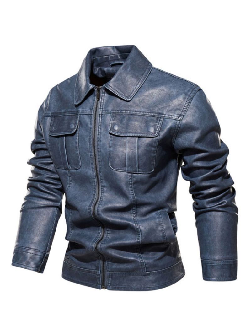 Skinnjakker For Menn Glidelås Pu-skinn Thicken Moto Fashion Layered Dazzling Blue - Blendende Blå