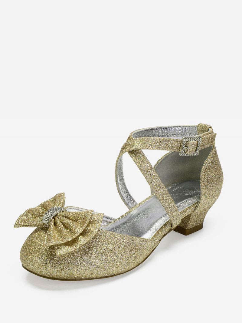 Bryllup Blomsterjente Sko Glitter Sløyfe Flats For Jenter - Champagne