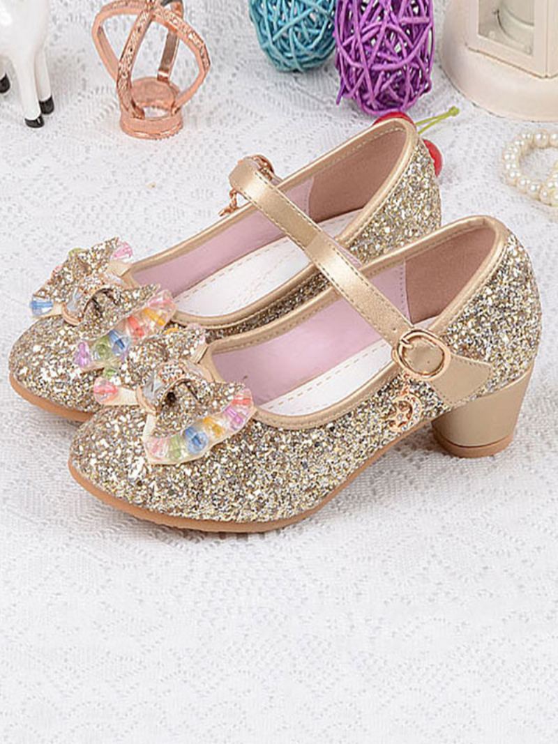 Flower Girl Sko Glitter Sløyfe Mary Jane Chunky Heel Pumps - Gull