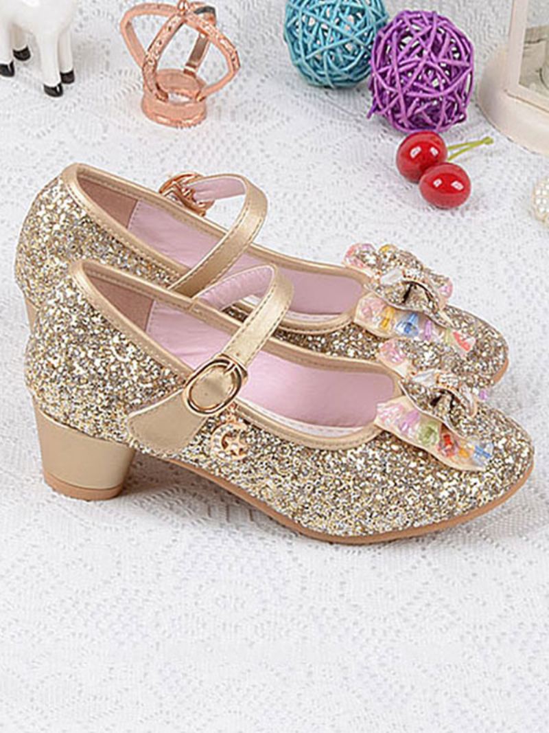 Flower Girl Sko Glitter Sløyfe Mary Jane Chunky Heel Pumps - Gull