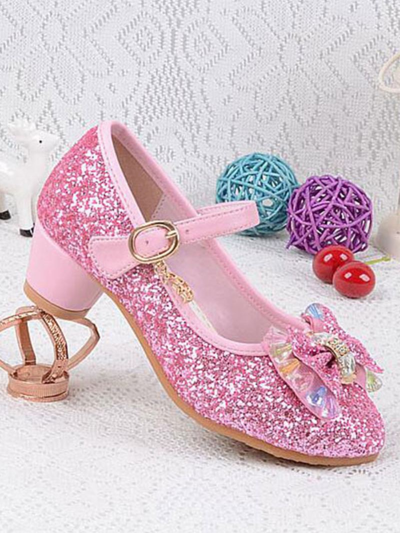 Flower Girl Sko Glitter Sløyfe Mary Jane Chunky Heel Pumps - Rosa