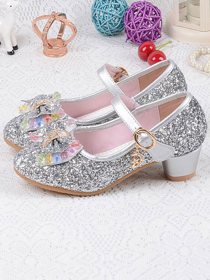 Flower Girl Sko Glitter Sløyfe Mary Jane Chunky Heel Pumps - Sølv