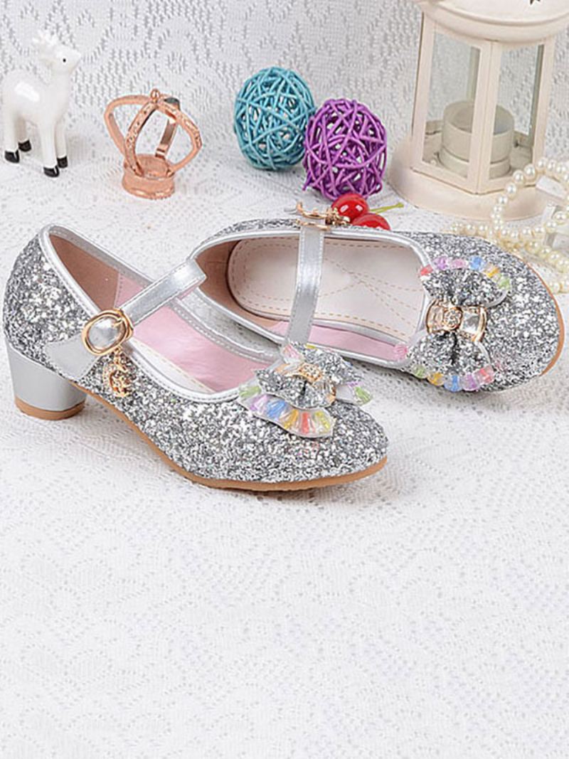 Flower Girl Sko Glitter Sløyfe Mary Jane Chunky Heel Pumps - Sølv