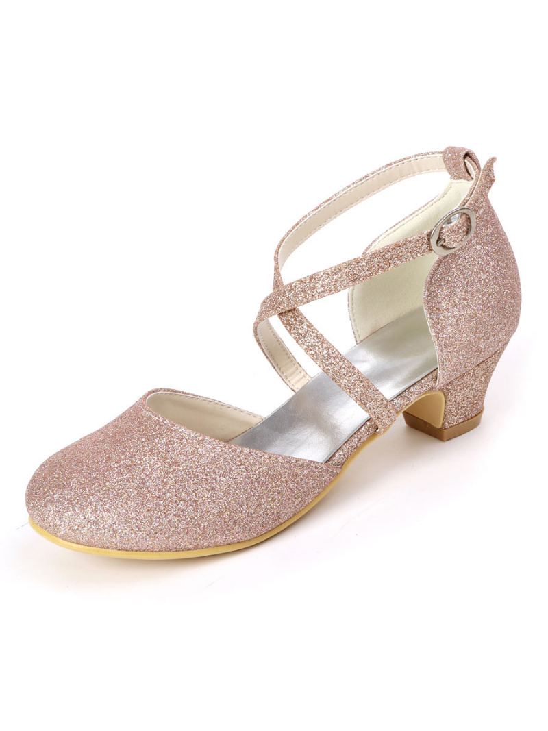 Jenter Glitter Cross Strap Kitten Hæl Blomsterjentesko - Champagne