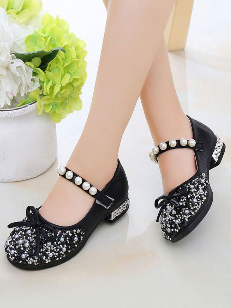 Jenter Glitter Sløyfe Perler Mary Jane Flower Girl Flats - Svart