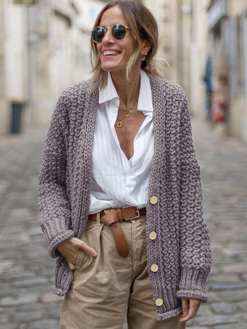 Dame Cable Cardigans Drop Shoulder Front Knapper Høst Vår Cardigan - Lavendel