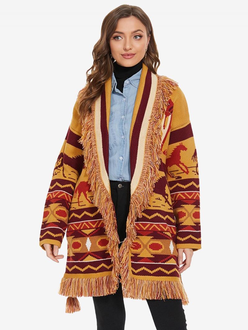 Dame Jacquard Cardigans Dusk Trim Belted Dyremønster Ull Blend Boho Genser - Oransje