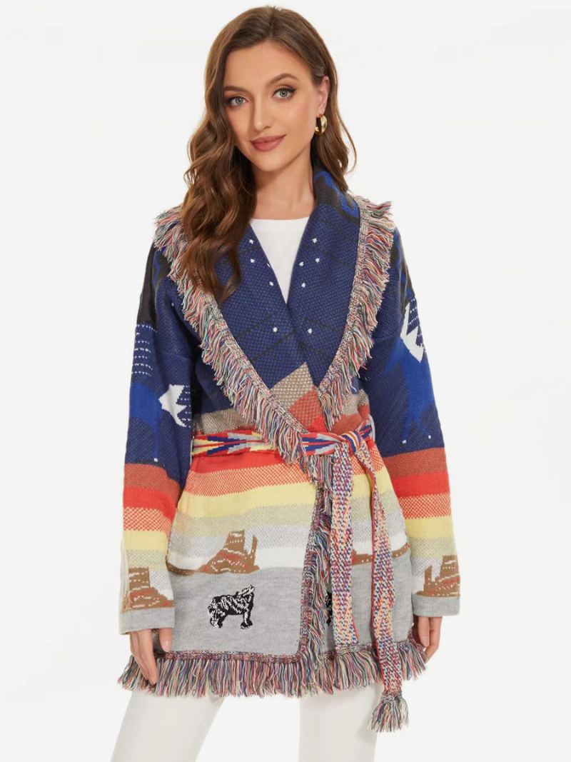 Dameblå Jacquard Cardigans Dusk Trim Belted Wool Blend Boho Inspirert Genser