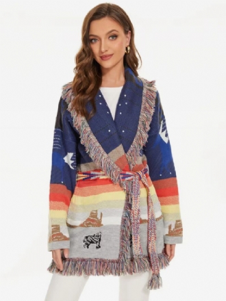 Dameblå Jacquard Cardigans Dusk Trim Belted Wool Blend Boho Inspirert Genser