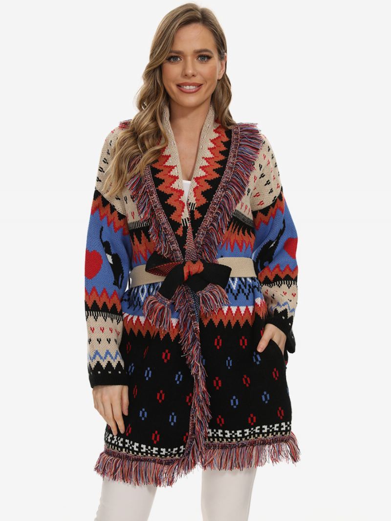 Jacquard Cardigans For Kvinner Dusk Trim Belted Animal Geometrisk Boho Genser