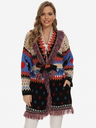 Jacquard Cardigans For Kvinner Dusk Trim Belted Animal Geometrisk Boho Genser