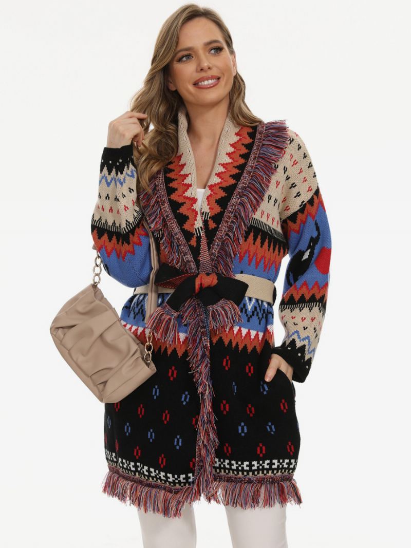 Jacquard Cardigans For Kvinner Dusk Trim Belted Animal Geometrisk Boho Genser - Svart