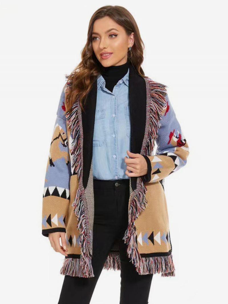 Jacquard Cardigans For Kvinner Dusk Trim Belted Ride Wool Blend Boho Genser - Kaki