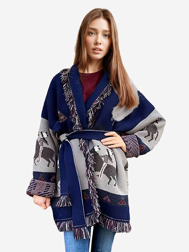 Jacquard-cardigans For Kvinner Dusk Trim Belted Wool Blend Bohemian Inspired Genser - Grå