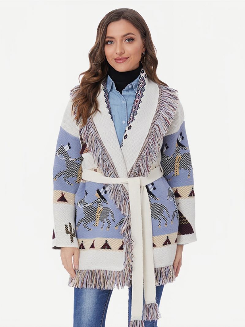 Jacquard-cardigans For Kvinner Dusk Trim Belted Wool Blend Bohemian Inspired Genser - Blå