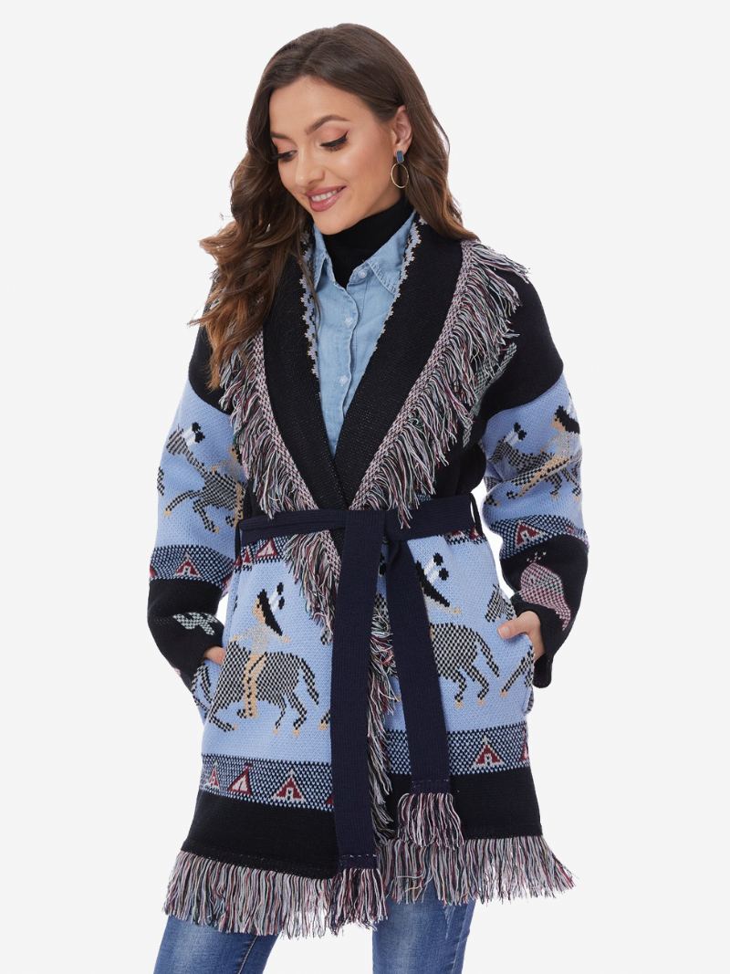 Jacquard-cardigans For Kvinner Dusk Trim Belted Wool Blend Bohemian Inspired Genser - Lys Himmelblå