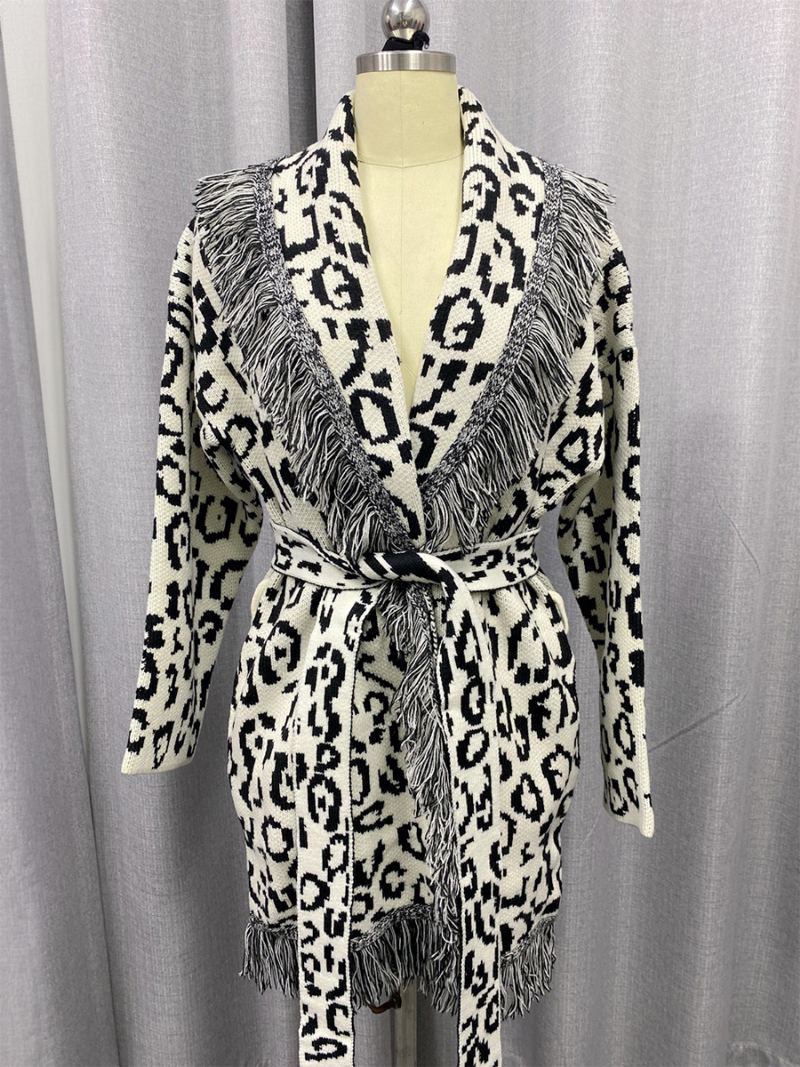 Jacquard Cardigans For Kvinner Leopard Dusk Trim Belted Wool Blend Boho Genser - Hvit