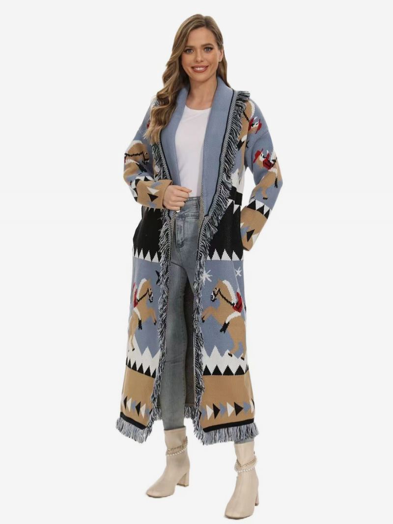 Jacquard Cardigans For Kvinner Med Duskstrim Belted Wool Blend Boho Longline Genser - Lys Himmelblå