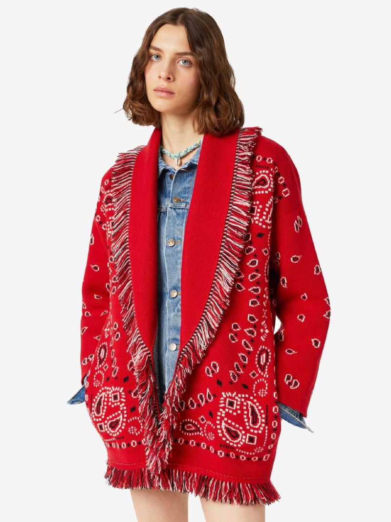 Jacquard Cardigans For Kvinner Paisley-inspirert Duskstrim Belted Ullblanding Boho-genser