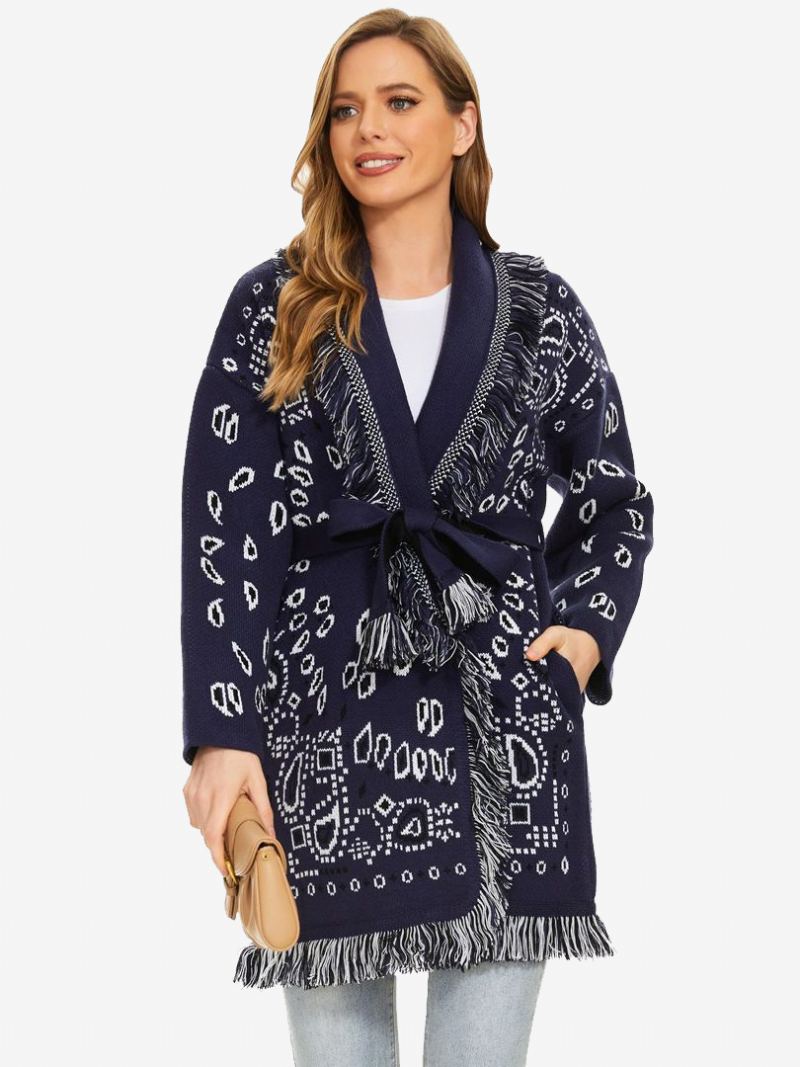 Jacquard Cardigans For Kvinner Paisley-inspirert Duskstrim Belted Ullblanding Boho-genser - Mørk Navy