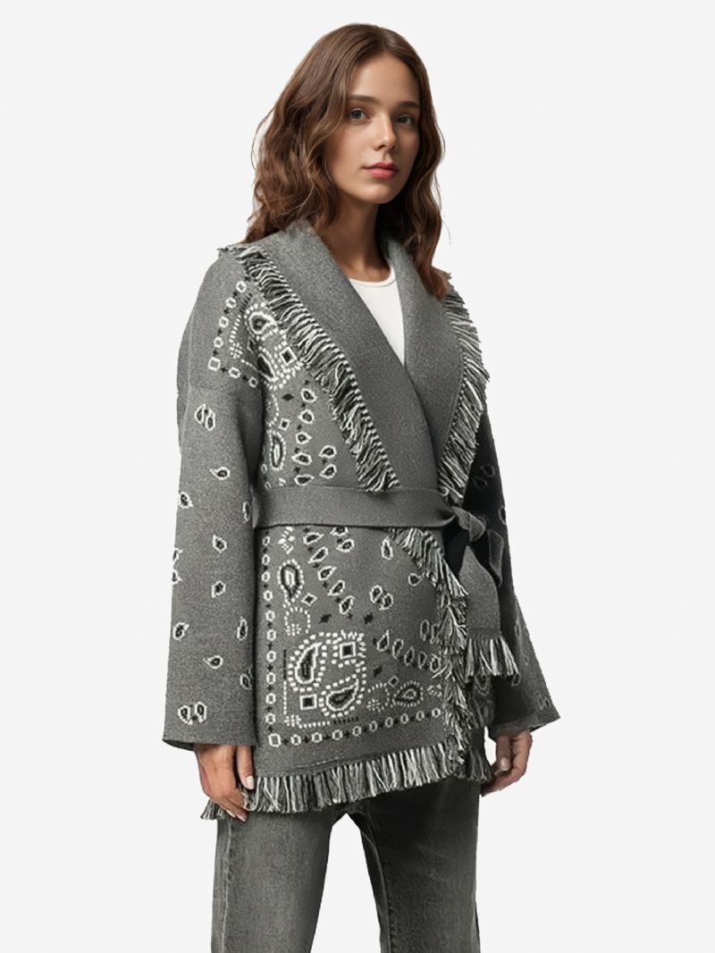 Jacquard Cardigans For Kvinner Paisley-inspirert Duskstrim Belted Ullblanding Boho-genser - Grå