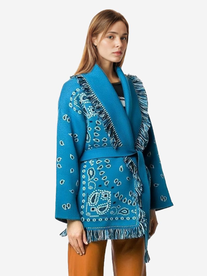 Jacquard Cardigans For Kvinner Paisley-inspirert Duskstrim Belted Ullblanding Boho-genser - Teal