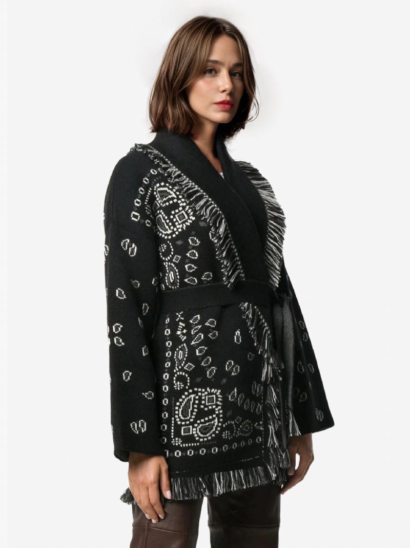 Jacquard Cardigans For Kvinner Paisley-inspirert Duskstrim Belted Ullblanding Boho-genser - Svart