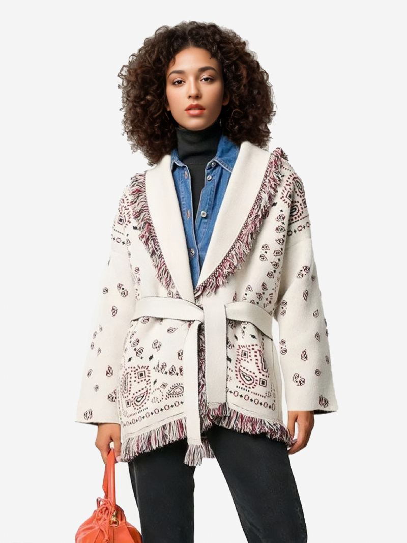 Jacquard Cardigans For Kvinner Paisley-inspirert Duskstrim Belted Ullblanding Boho-genser - Hvit