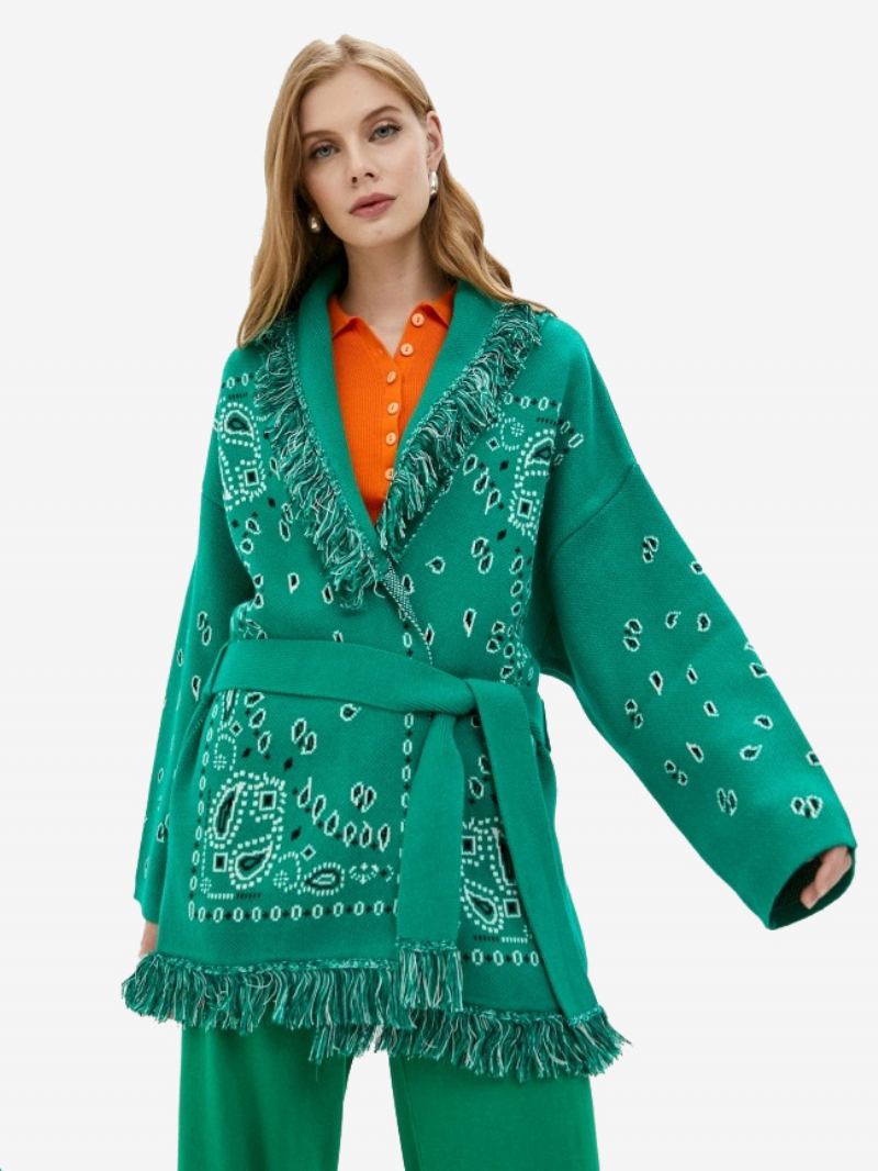 Jacquard Cardigans For Kvinner Paisley-inspirert Duskstrim Belted Ullblanding Boho-genser - Mørkegrønn