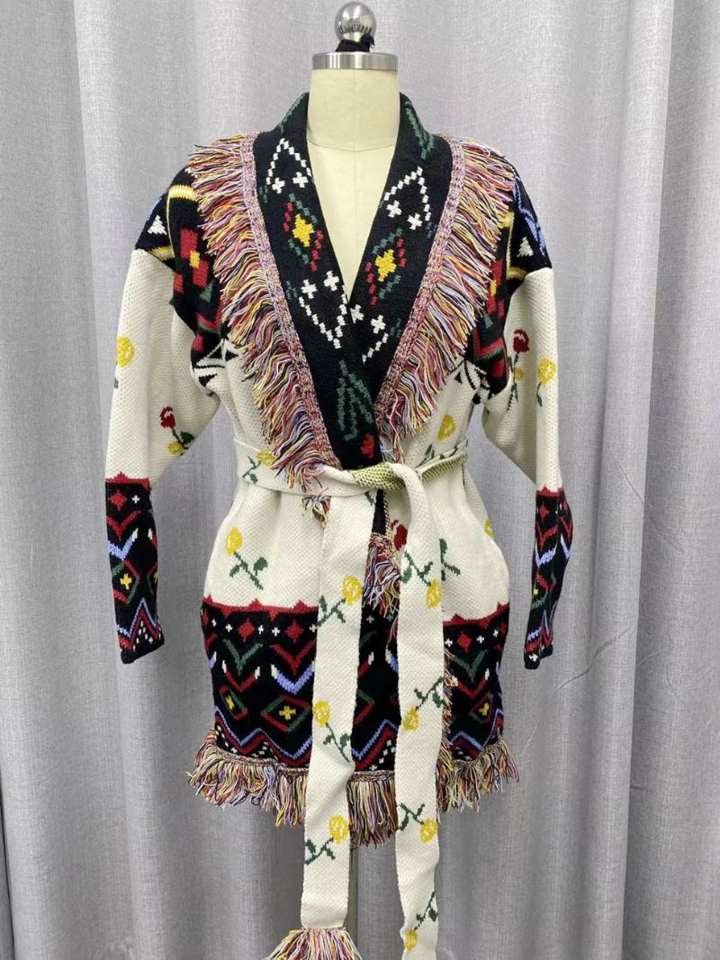 Jacquard Cardigans For Kvinner Roser Dusk Trim Belted Wool Blend Boho Genser - Hvit