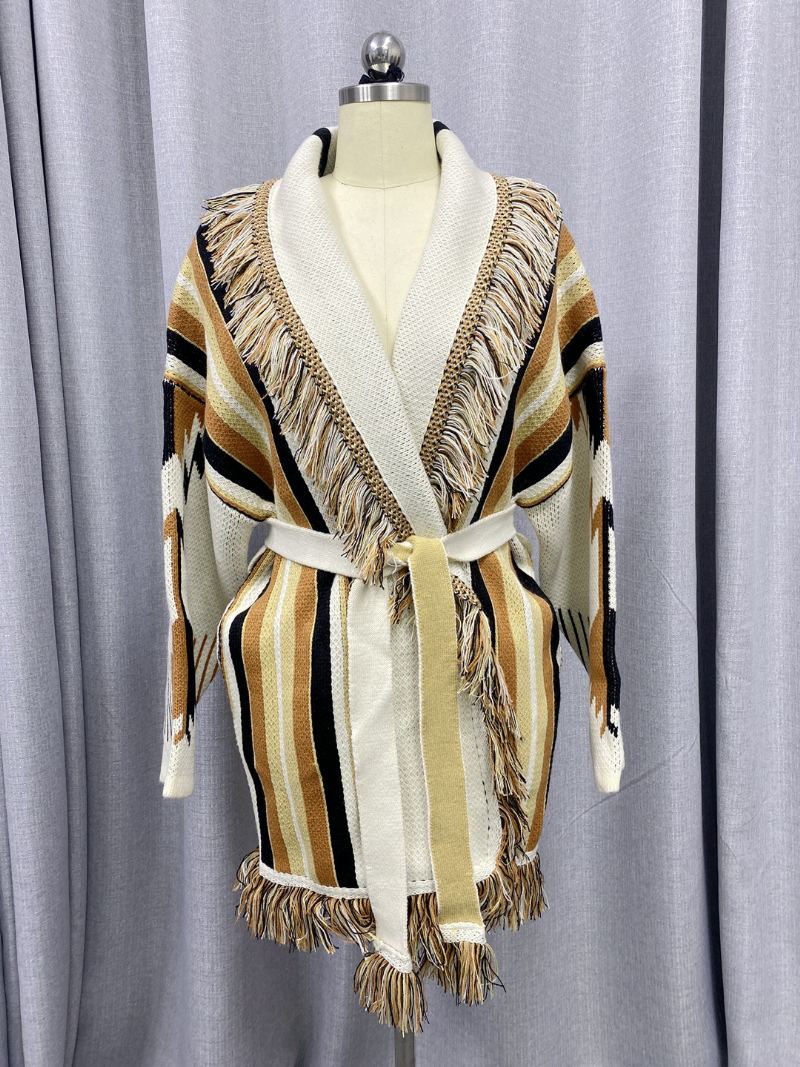 Jacquard Cardigans For Kvinner Vertikale Stripe Dusk Trim Belted Wool Blend Boho Genser - Lys Gul