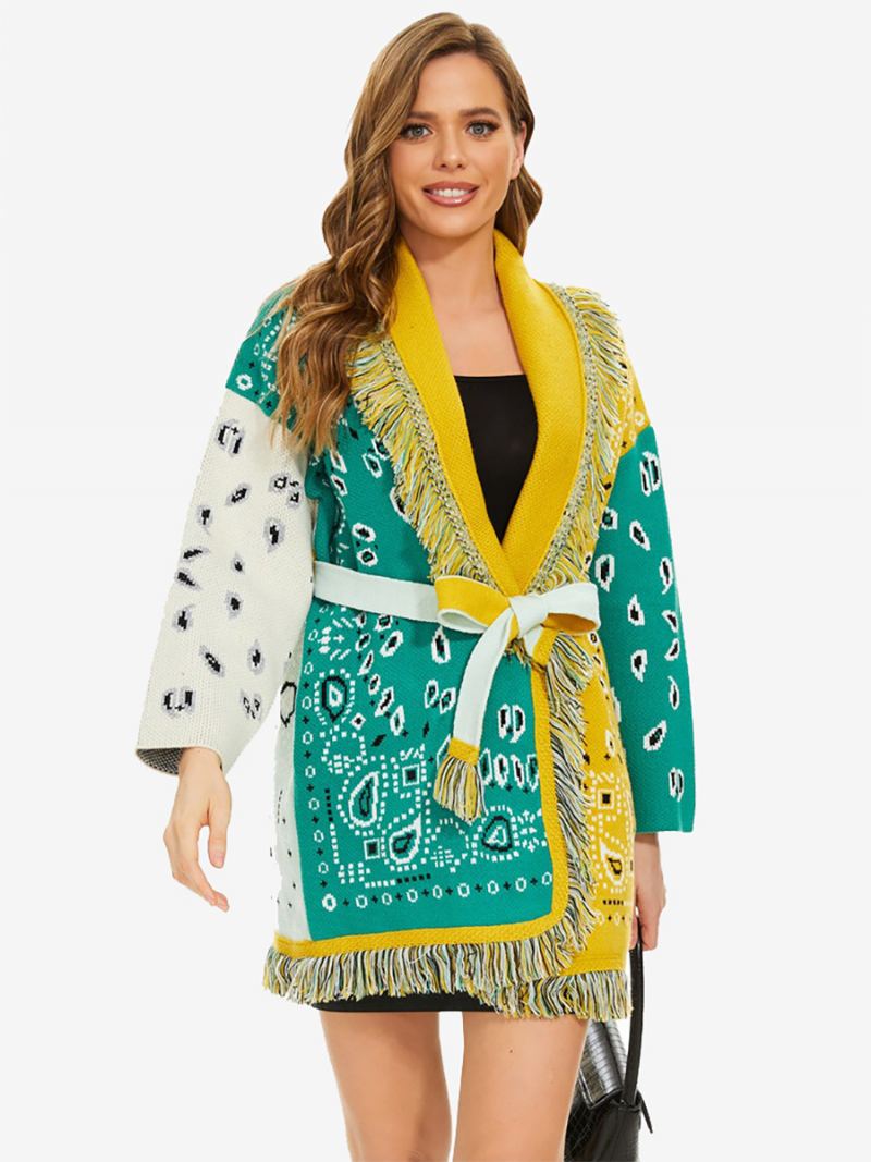 Kvinners Nye Jacquard Cardigans Dusk Trim Belted Wool Blend Boho Genser - Grønn