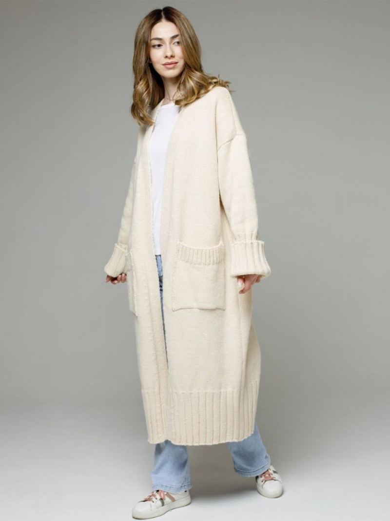 Longline Cardigan Langermet Drop Shoulder Ribbed Damegenser - Beige