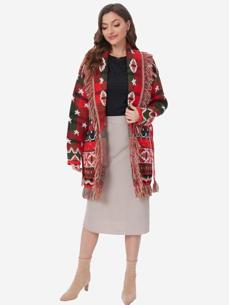 Rød Jacquard Cardigans For Kvinner Geometrisk Dusk Trim Belted Wool Blend Boho Genser - Rød