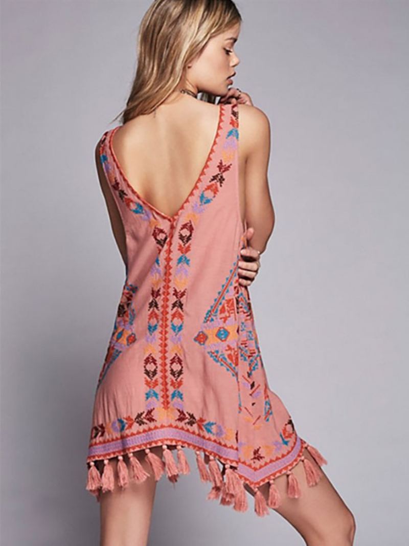 Boho Kjole Brodert Rosa V-hals Ermeløs Bohemian Gypsy Beach Ferie Sommer Kort Tank For Kvinner - Rosa