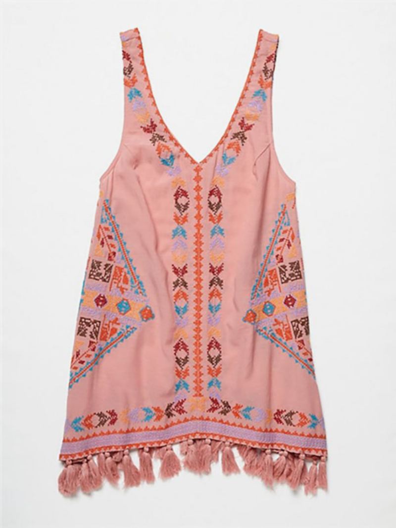 Boho Kjole Brodert Rosa V-hals Ermeløs Bohemian Gypsy Beach Ferie Sommer Kort Tank For Kvinner - Rosa