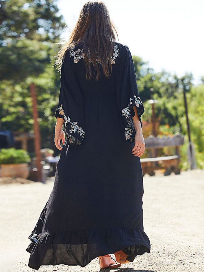 Boho Kjole Dyp V-hals 3/4-lengde Erme Svart Brodert Bohemian Gypsy Beach Ferie Bomull Vår Sommer Lang For Dame - Svart