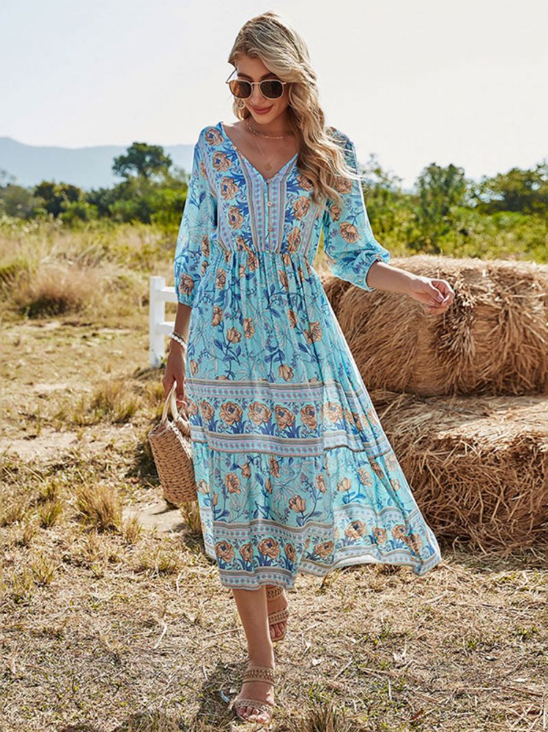 Boho-kjole For Kvinner V-hals Halve Ermer Med Blomstertrykt Stretch-plissert Maxi Strandkjole