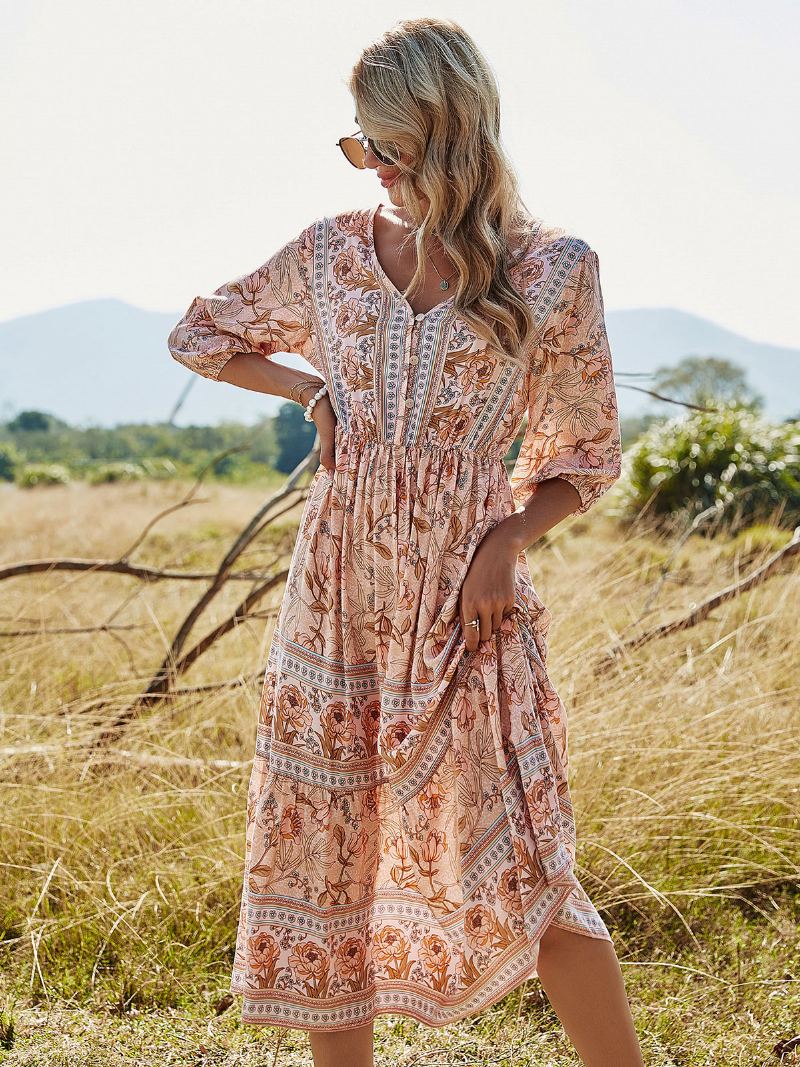 Boho-kjole For Kvinner V-hals Halve Ermer Med Blomstertrykt Stretch-plissert Maxi Strandkjole - Dyp Lys Gul