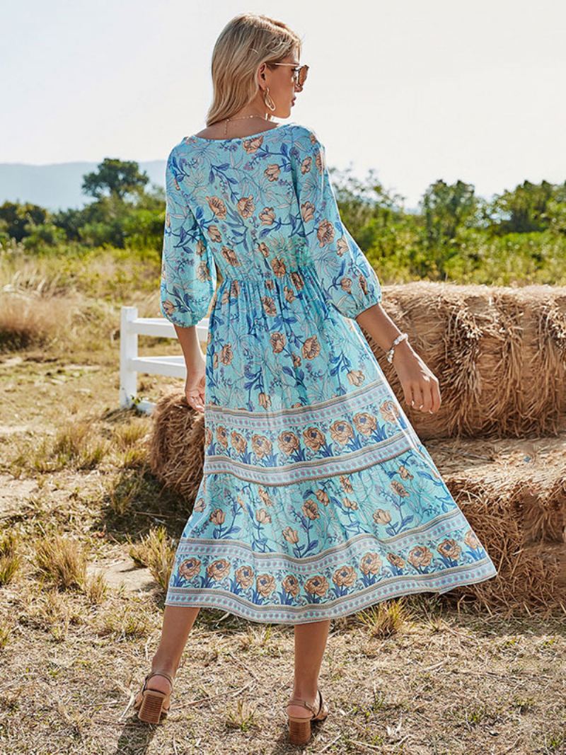 Boho-kjole For Kvinner V-hals Halve Ermer Med Blomstertrykt Stretch-plissert Maxi Strandkjole - Lys Himmelblå