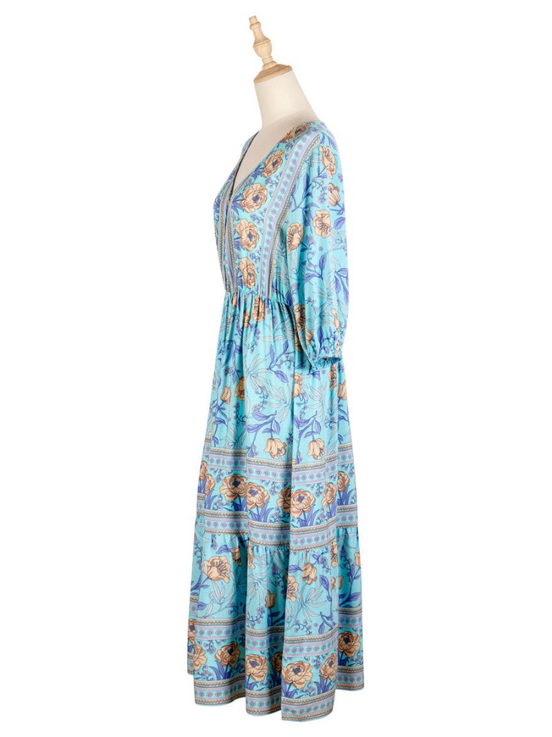 Boho-kjole For Kvinner V-hals Halve Ermer Med Blomstertrykt Stretch-plissert Maxi Strandkjole - Lys Himmelblå