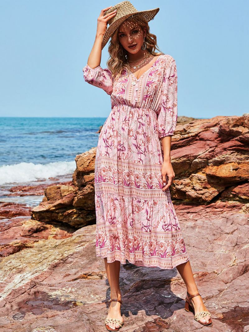 Boho-kjole For Kvinner V-hals Halve Ermer Med Blomstertrykt Stretch-plissert Maxi Strandkjole - Rosa