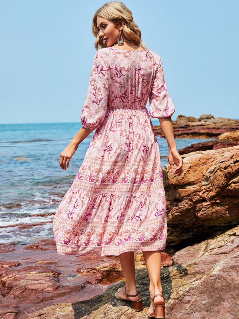 Boho-kjole For Kvinner V-hals Halve Ermer Med Blomstertrykt Stretch-plissert Maxi Strandkjole - Rosa