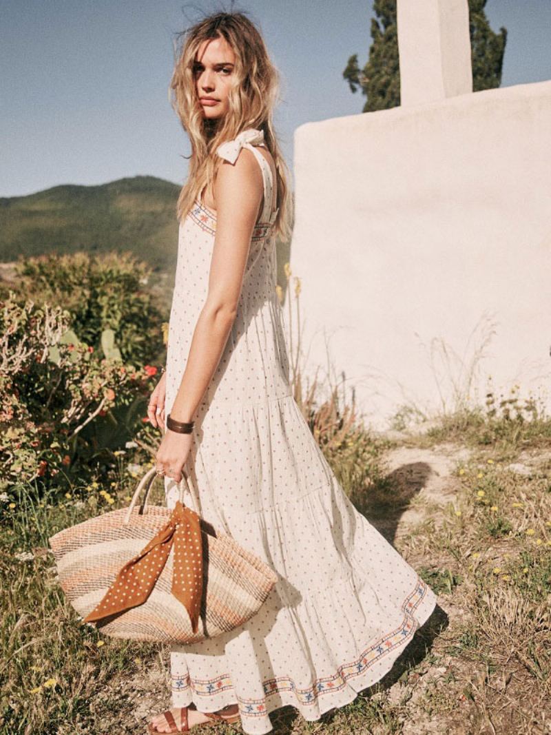 Boho Kjole Hvit Ermeløs Bohemian Gypsy Beach Ferie Sommer Maxi Slip Shift For Kvinner - Hvit