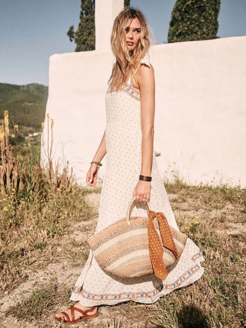 Boho Kjole Hvit Ermeløs Bohemian Gypsy Beach Ferie Sommer Maxi Slip Shift For Kvinner - Hvit